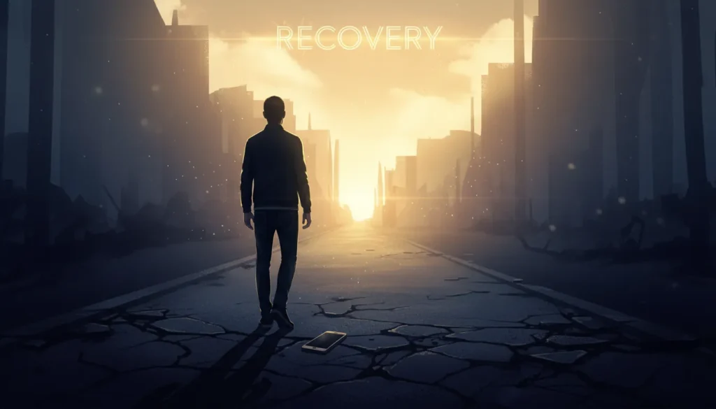 Symbolic illustration of person at beginning of path leading from darkness toward light representing journey of recovery from trading addiction
