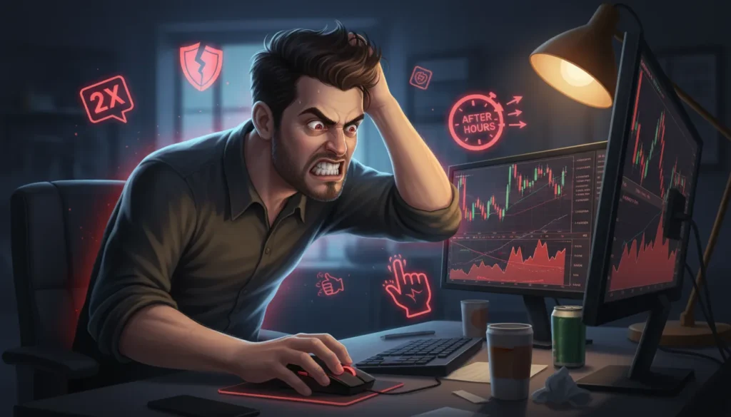 Stressed trader showing multiple revenge trading warning signs: aggressive posture, tunnel vision on red charts, emotional decision-making
