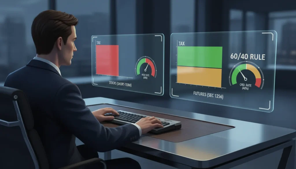 2D illustration comparing tax rates on screens: Stocks show high tax, while Futures (Section 1256) show the favorable 60/40 tax rule benefit.
