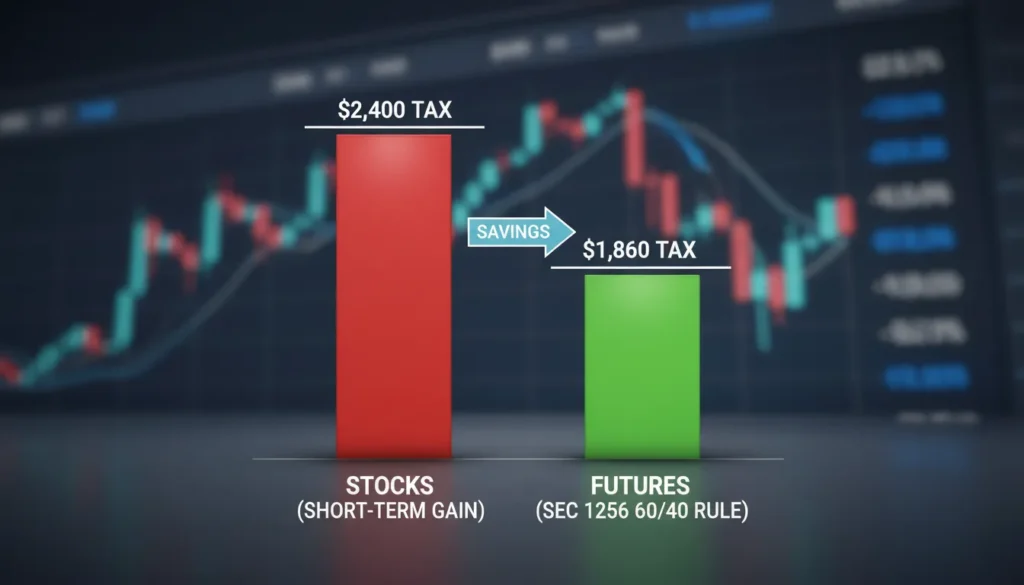 Bar graph infographic comparing tax owed on $10k profit: Stocks show higher tax ($2400) versus Section 1256 Futures showing lower tax ($1860) due to 60/40 rule.