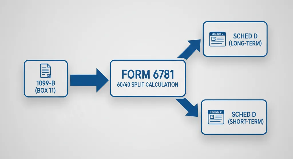 Flowchart infographic illustrating how Section 1256 contract gains/losses are reported from Form 1099-B through Form 6781 (60/40 split) to Schedule D.