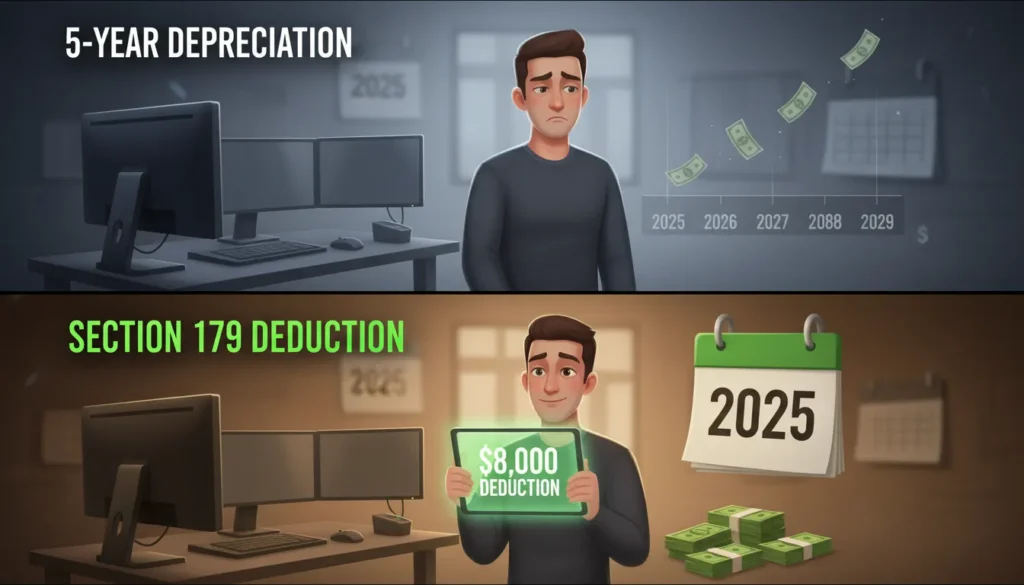 Comparison illustration showing five-year equipment depreciation versus Section 179 immediate deduction for day trading computer equipment purchase