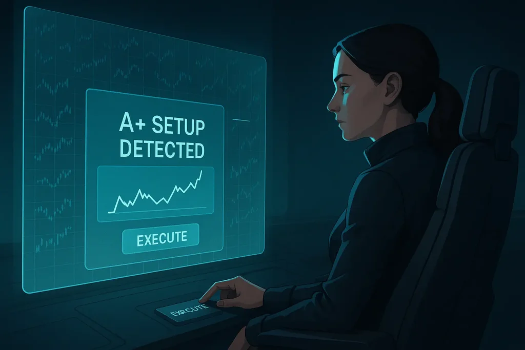 A digital illustration of semi-automated trading, showing a trader acting as a co-pilot who receives a clean trading alert from an advanced scanning system.