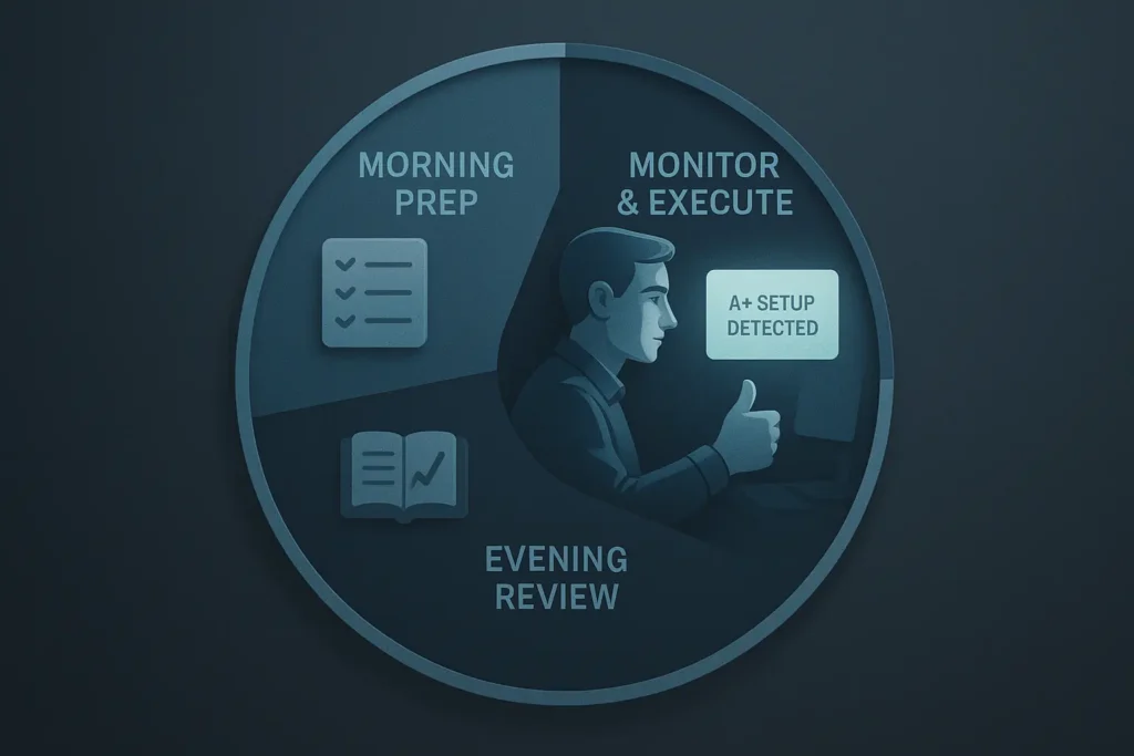 An infographic of a trader's daily workflow using an alert-based trading system, showing morning prep, execution, and evening review phases.