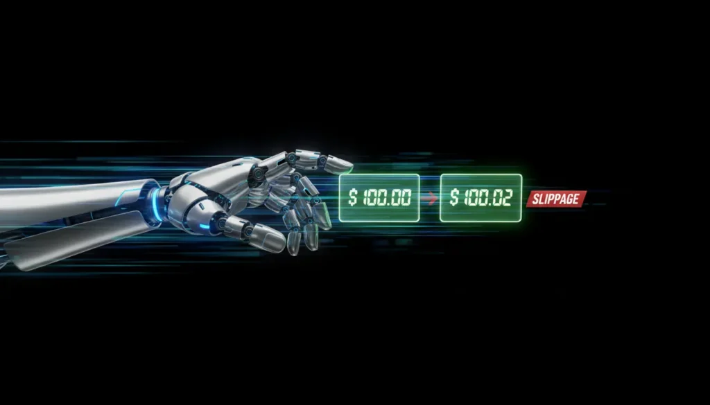 An illustration explaining slippage in automated trading, showing a robotic arm trying to catch a price that has moved slightly higher.