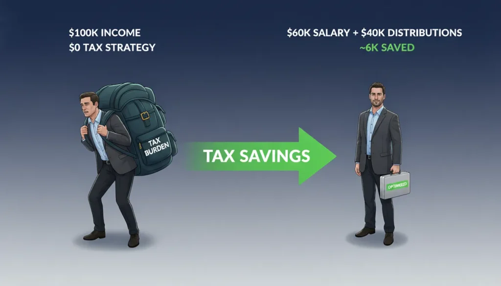 Side-by-side comparison showing sole proprietor trader with heavy tax burden versus S-Corp trader with optimized structure saving $6,000 annually