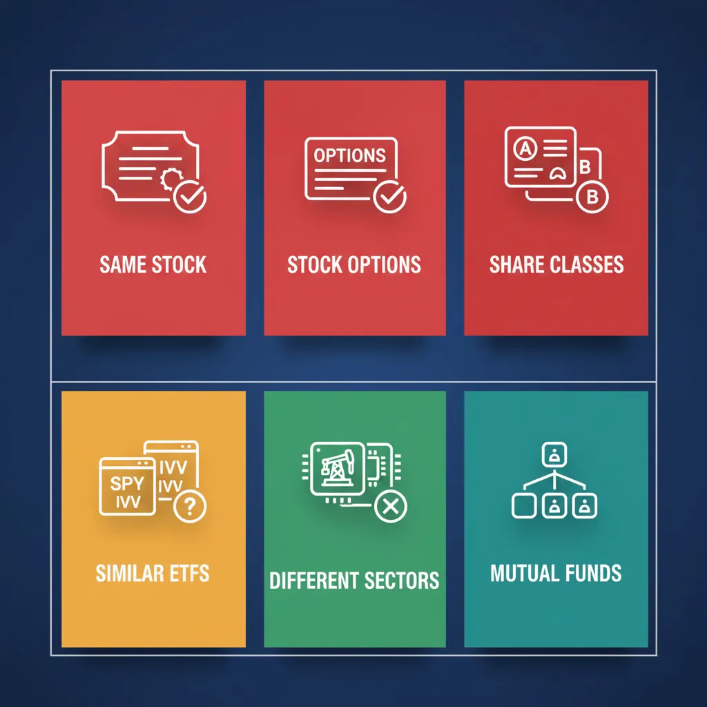 Infographic showing examples of substantially identical securities under the wash sale rule including stocks, options, ETFs, and different share classes
