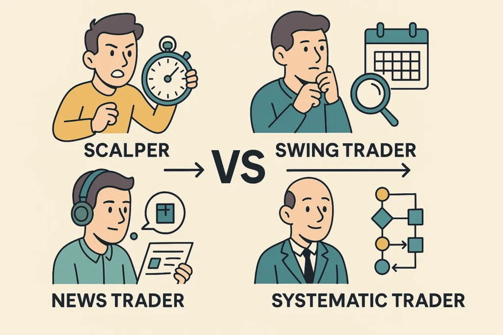 An infographic showing four trader personas—scalper, swing trader, news trader, and systematic trader—and their corresponding tool types
