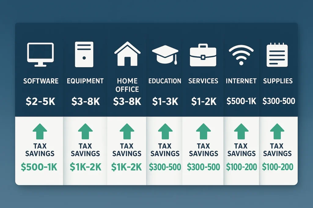 Infographic chart showing seven major tax deduction categories for day traders including software, equipment, home office, and estimated annual savings amounts