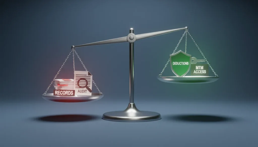 2D illustration of a scale balancing the hassles (records, audit risk) against the benefits (deductions, MTM access) of Trader Tax Status (TTS).