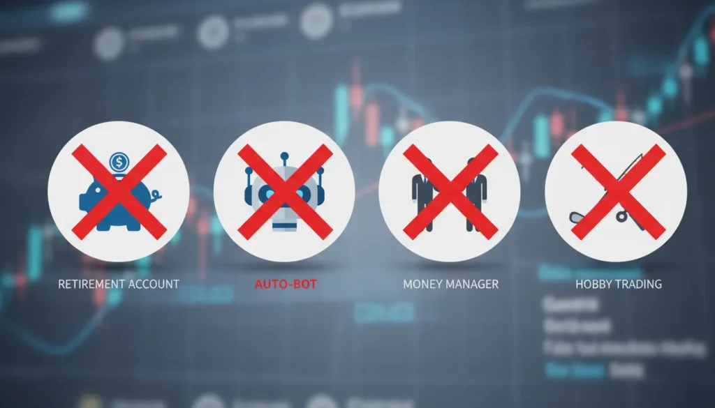 Infographic showing four icons with red X's representing activities that disqualify traders from Trader Tax Status: retirement accounts, auto-bots, managers, hobby trading.