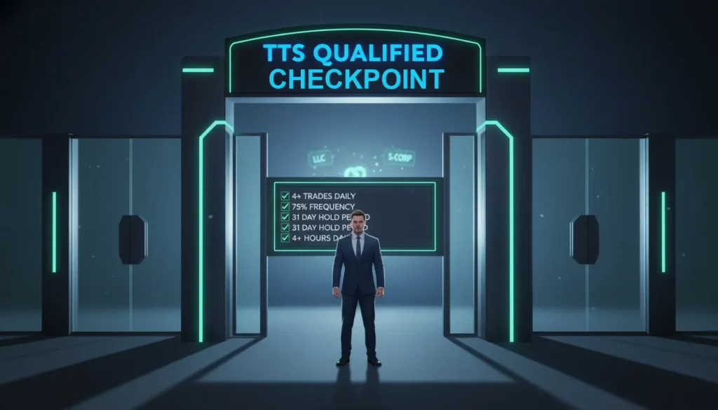 Professional trader at TTS qualification checkpoint gateway showing required trading metrics before accessing LLC and S-Corp entity benefits