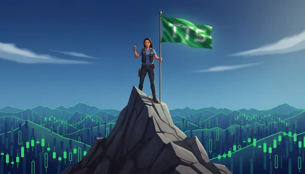 2D cinematic illustration of a trader planting a "TTS" flag on a summit, symbolizing the achievement of qualifying for Trader Tax Status