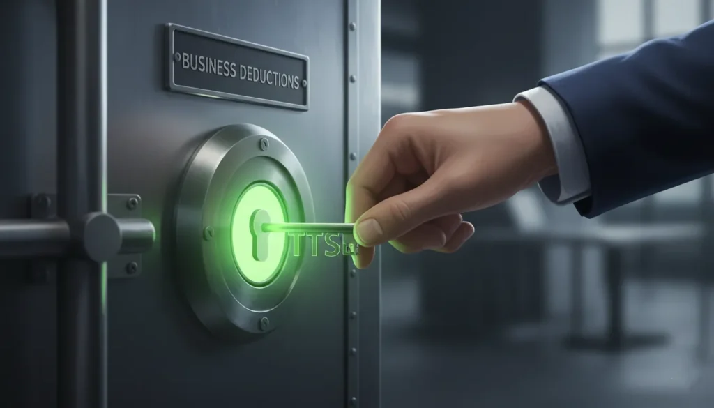 2D illustration showing a key labeled "TTS" unlocking a vault door labeled "BUSINESS DEDUCTIONS," symbolizing the benefits of trader tax status.