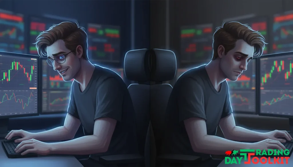 Split screen illustration of trader experiencing trading addiction showing excitement from charts on one side and emotional exhaustion on the other side
