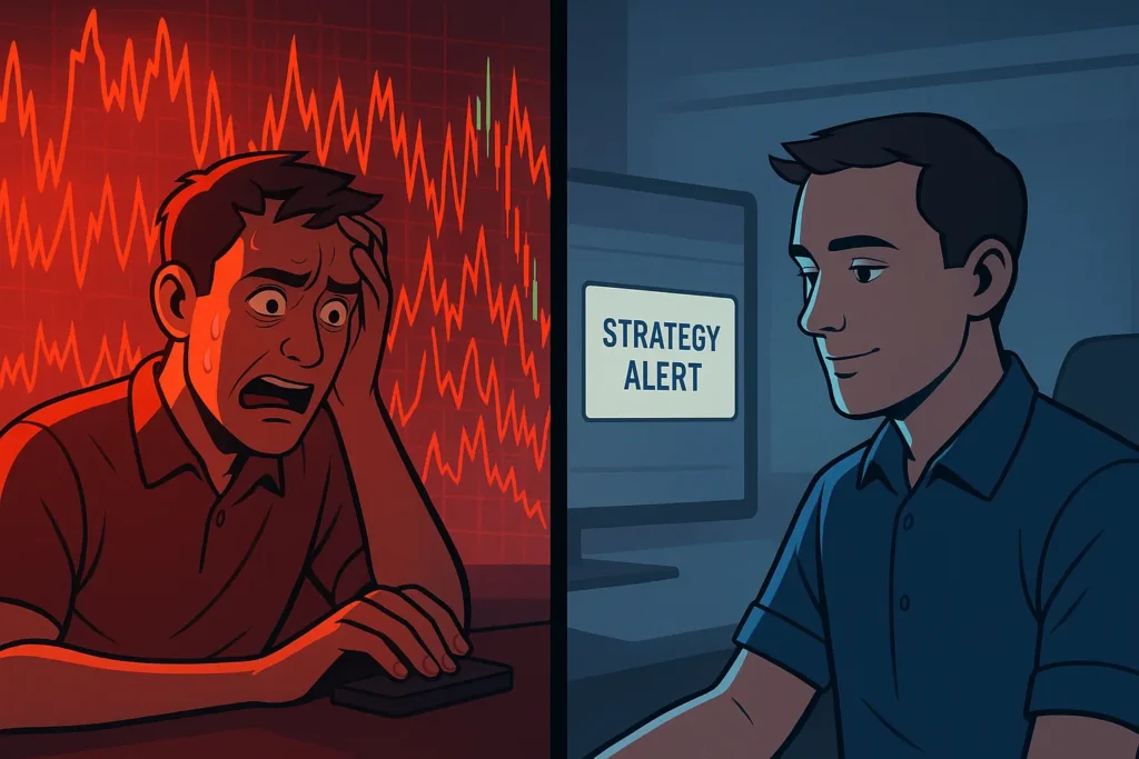 A comparison illustration showing a stressed trader looking at a chaotic chart versus a calm trader looking at a clean alert from their semi-automated trading system.