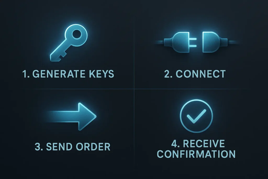An infographic for a trading API tutorial showing the 4 steps to connect a broker to an algorithm: generate keys, connect, send order, and receive confirmation.