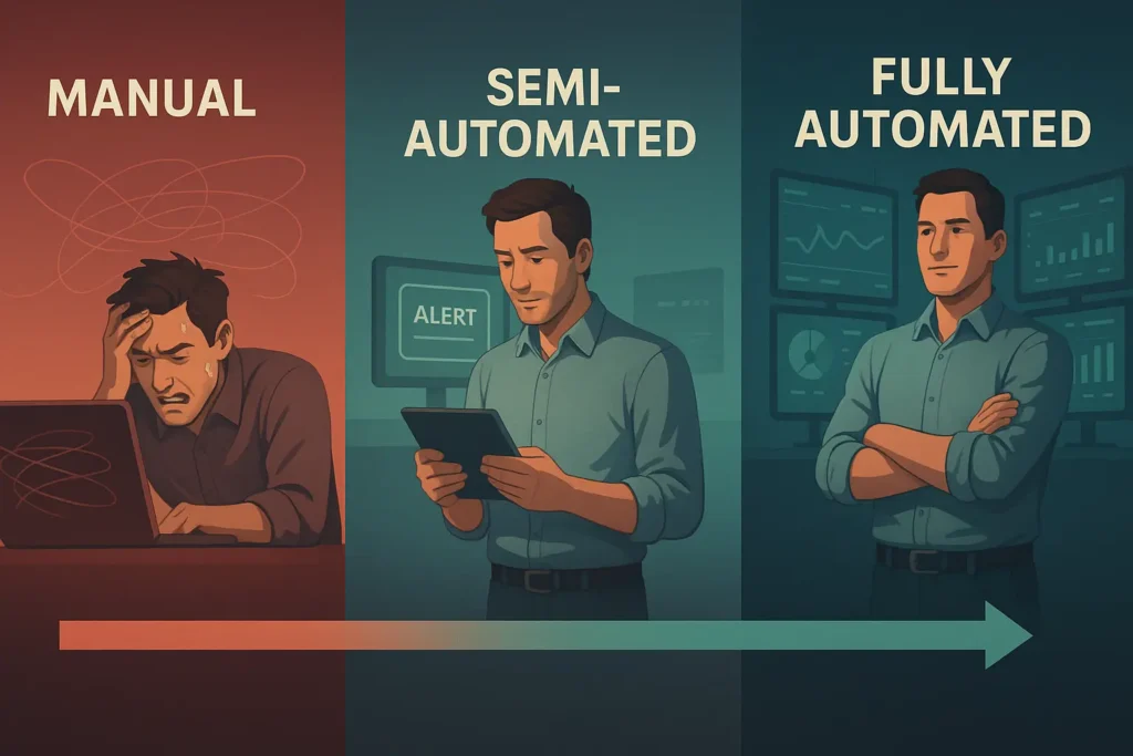 An infographic showing the three stages of semi-automated trading, from stressful manual trading to calm oversight of a fully automated bot.