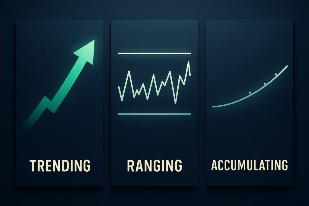 An infographic explaining different trading bot types for specific market conditions: trending, ranging, and accumulating.