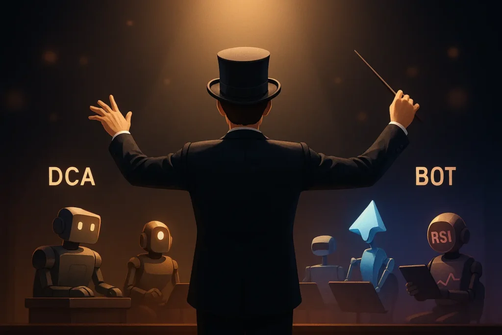 A digital illustration of a trader conducting an orchestra of different trading bot types, symbolizing a diversified automated strategy portfolio.