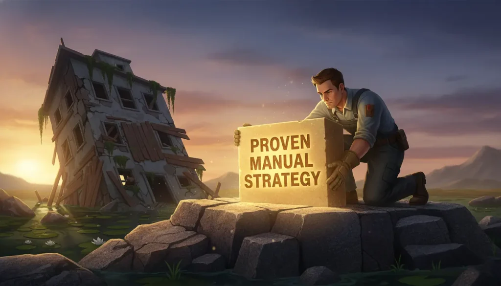 Illustration of the prerequisites for building a trading bot, showing a trader laying a cornerstone labeled "Proven Manual Strategy."