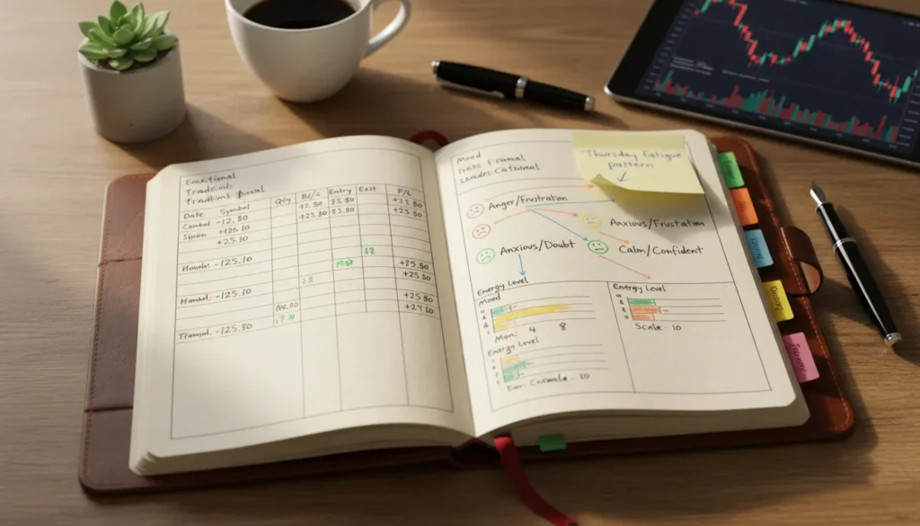 Open trading journal showing emotional tracking alongside trade records, revealing behavior patterns with mood indicators and insights
