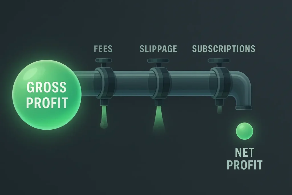 An infographic explaining automated trading costs, showing how algo trading fees and slippage reduce a gross profit to a net profit.