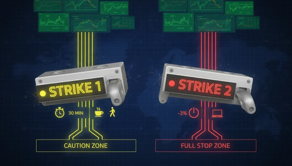 Infographic showing the 2-strikes trading rule as circuit breakers: Strike 1 at -2% triggers break, Strike 2 at -3% stops trading
