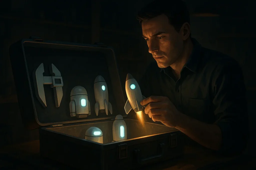 A digital illustration showing a trader choosing a specific tool from a toolbox filled with different types of trading bots, symbolizing various automated strategies.