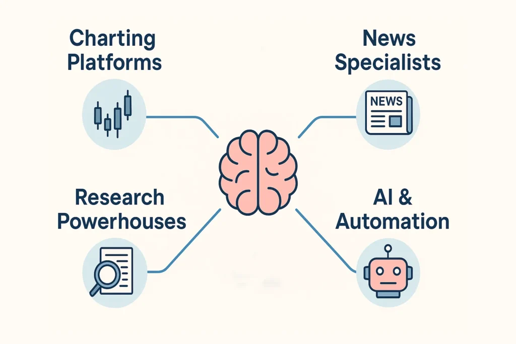 An infographic categorizing trading tools into four types: charting platforms, news specialists, research powerhouses, and AI/automation.