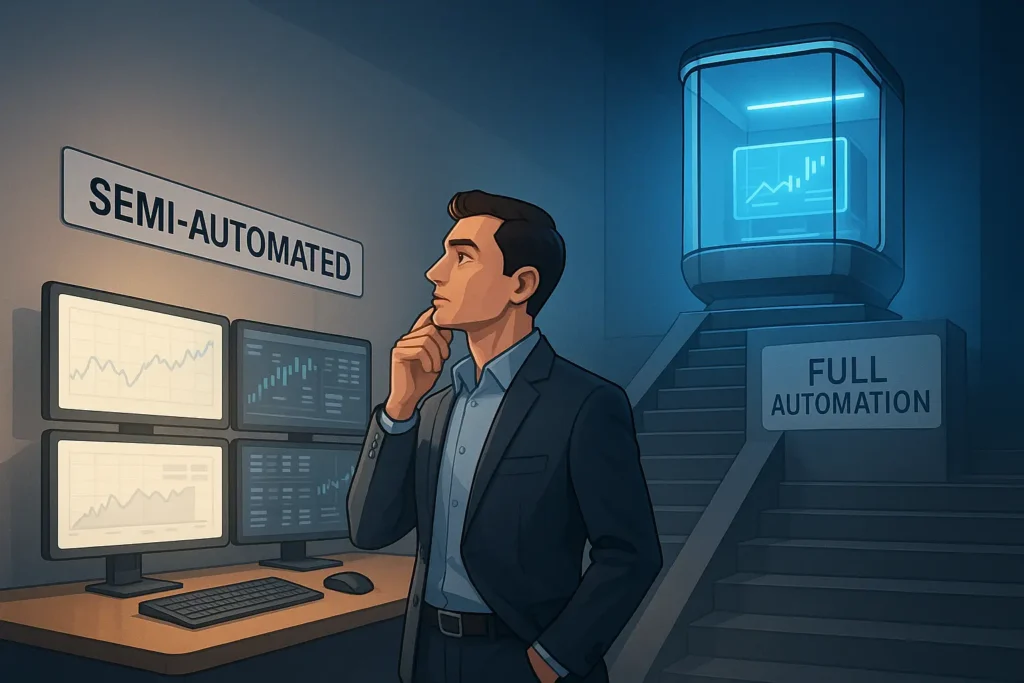 An illustration showing the upgrade path from a semi-automated trading system to a fully automated bot, depicting a trader at a decision point.