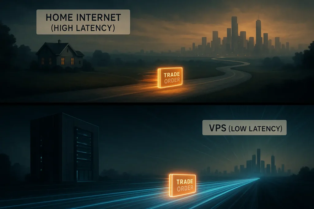 An illustration explaining technology and latency costs, comparing a slow home internet connection to a fast VPS for trading.