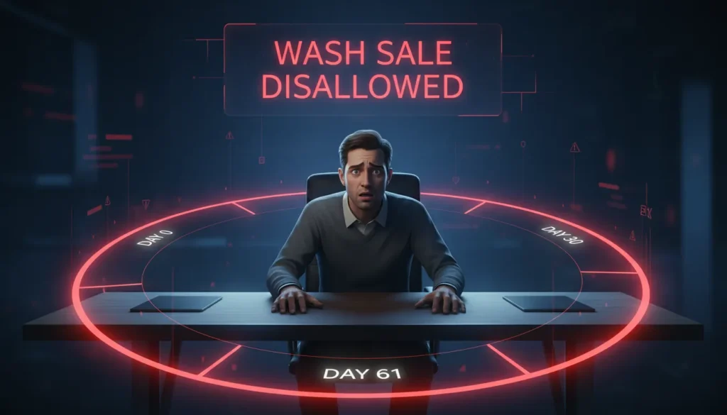 Active trader caught in wash sale rule tax trap with 61-day IRS window timeline, illustrating the costly consequences of disallowed trading losses