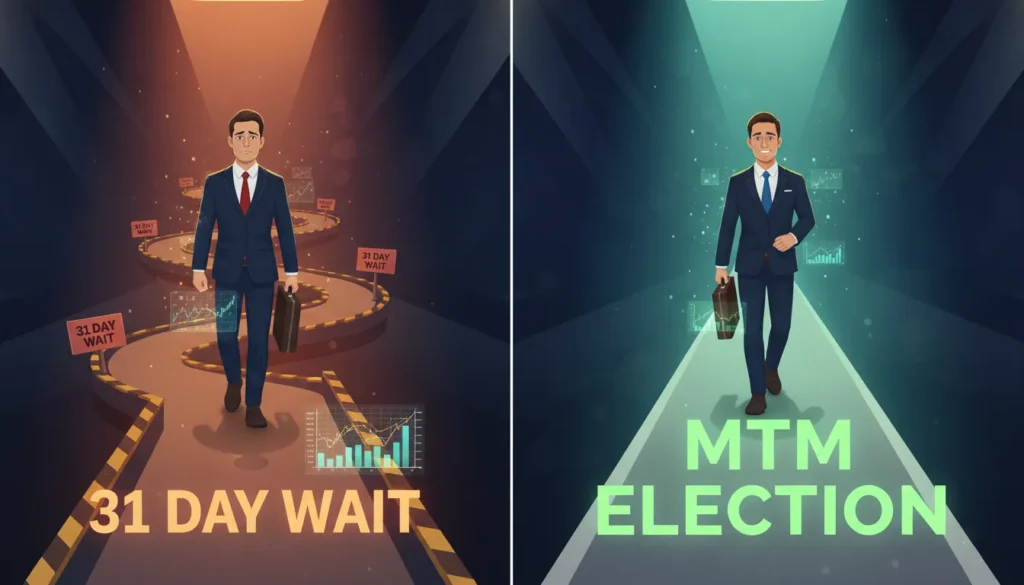 Comparison illustration showing active traders navigating wash sale restrictions with basic strategies versus eliminating them completely with Mark-to-Market election