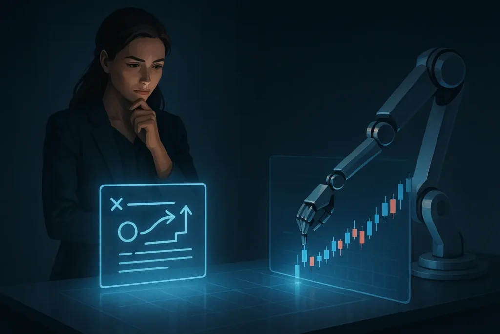 A digital illustration explaining what algorithmic trading is, showing a trader designing a strategy and a robot executing it.