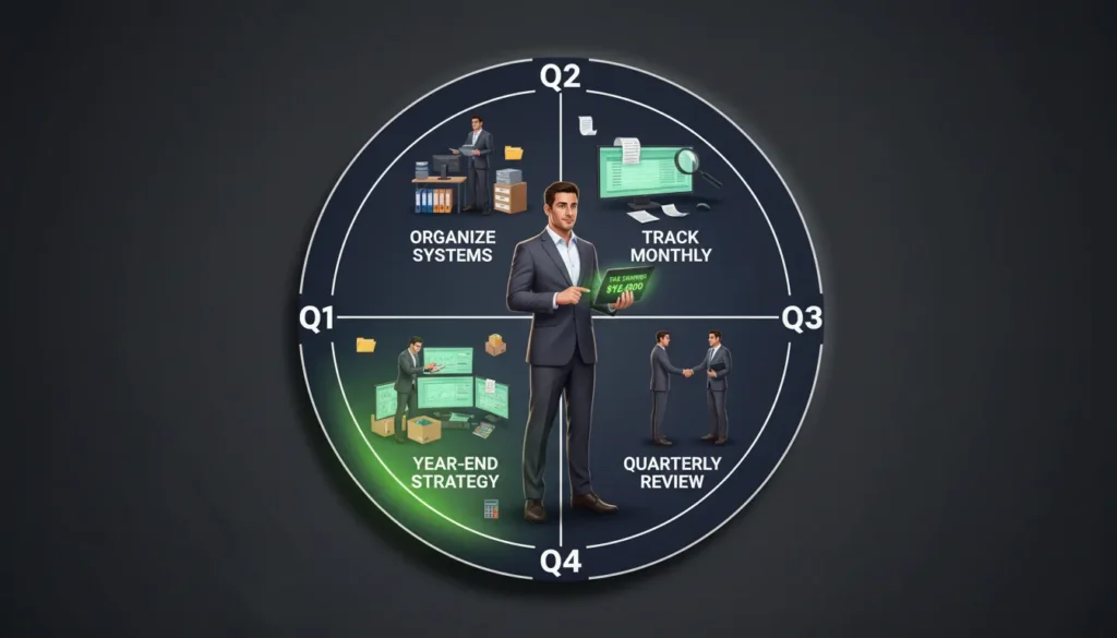 Day trader using circular quarterly calendar system for year-round tax deduction planning and tracking with organized documentation and CPA reviews