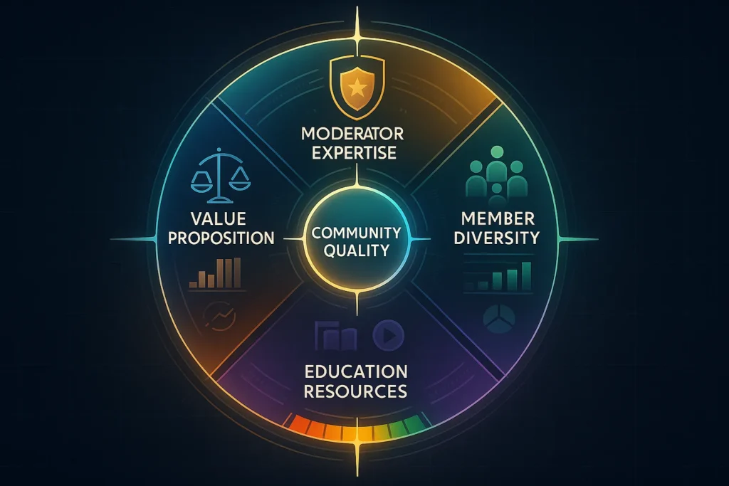 Five-point compass assessment framework for evaluating trading communities including discussion quality, expertise, diversity, resources, value