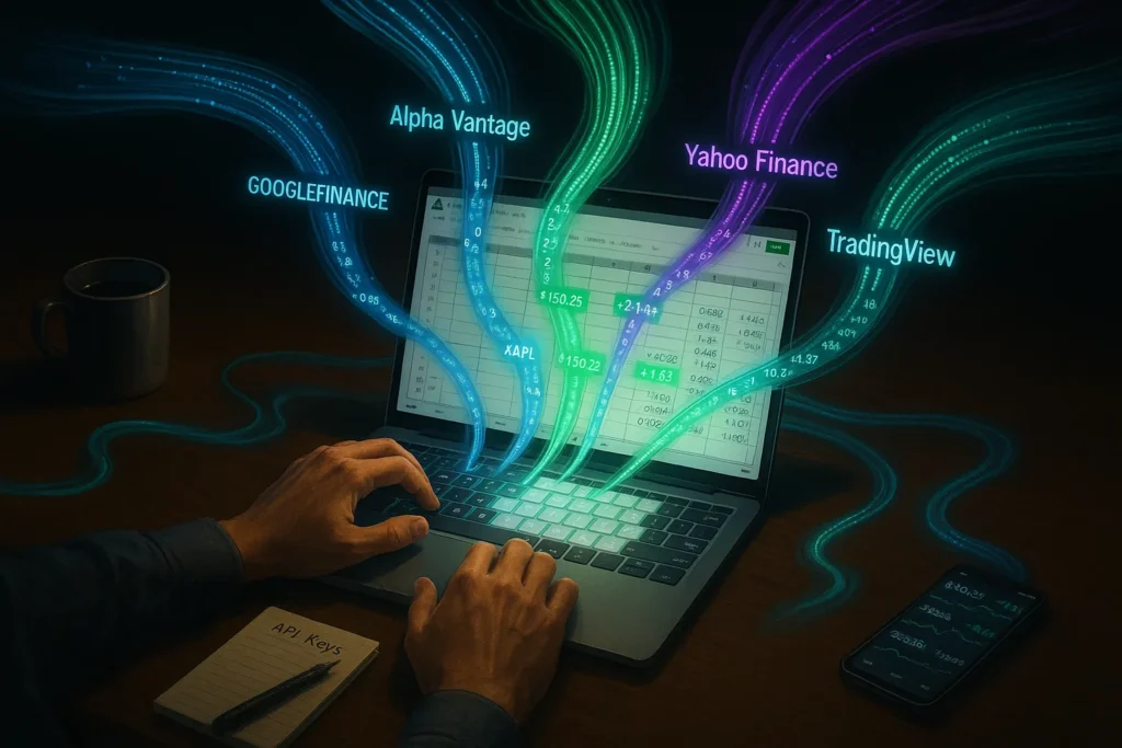 Multiple API data streams flowing into Google Sheets trading dashboard showing Alpha Vantage Yahoo Finance and GOOGLEFINANCE real-time connections