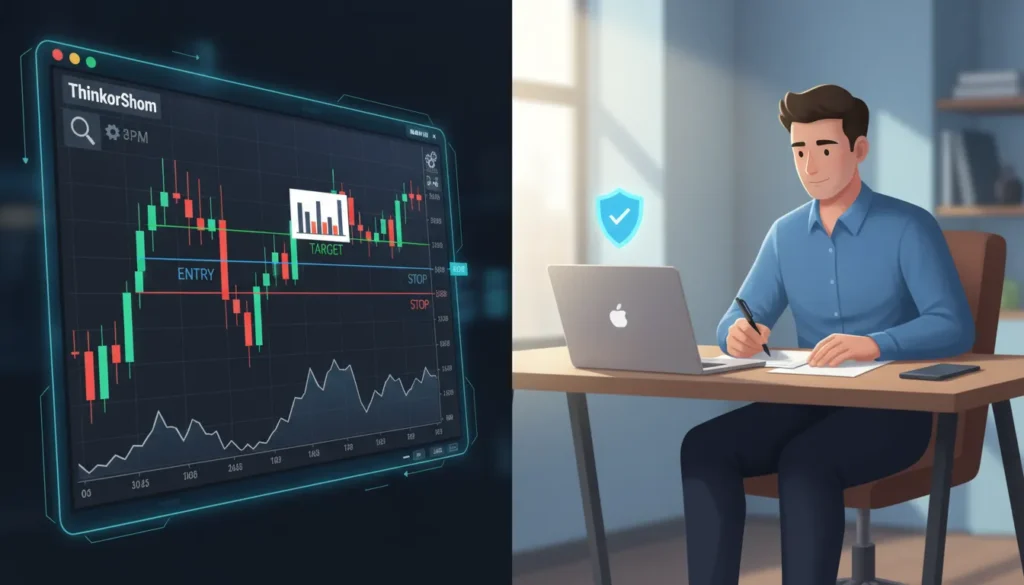 Split image showing automated bracket order managing stock trade while trader focuses on full-time job without monitoring position