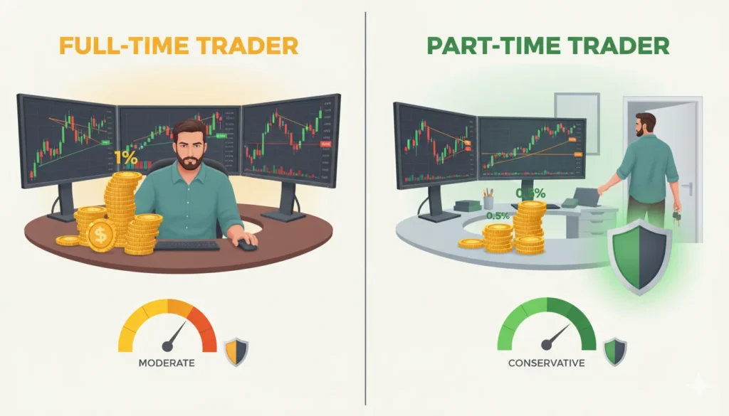 Infographic comparing full-time and part-time trader position sizing, showing why limited attention requires smaller risk per trade