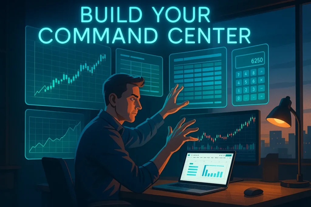 Trader building custom trading dashboard with Google Sheets and TradingView charts in modern home office with multiple screens and data displays