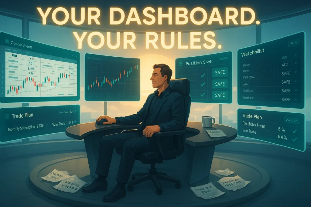 Confident trader in command center with custom trading dashboard showing Google Sheets TradingView and position tracking with complete control and ownership