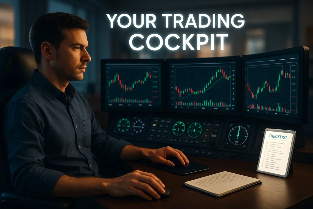 Professional day trader at multi-monitor setup with trading checklist, representing systematic preparation for day trading success