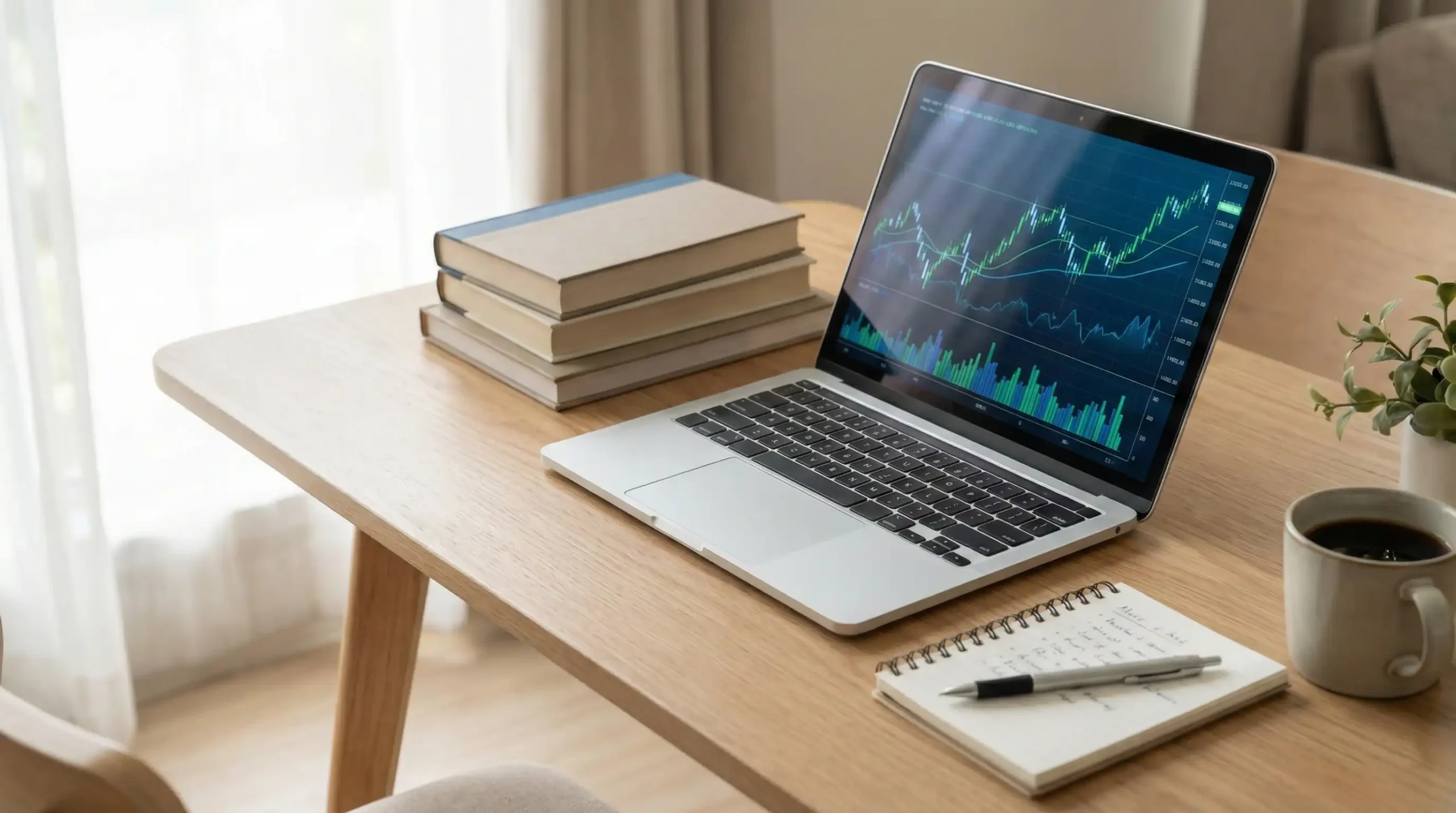 Day trading education research workspace with financial charts, trading books, and analysis notes - DayTradingToolkit.com editorial process