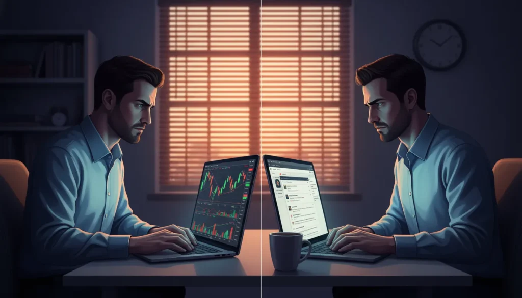 Professional trader working at dual laptop setup at dawn, balancing day trading charts and full-time work responsibilities in home office