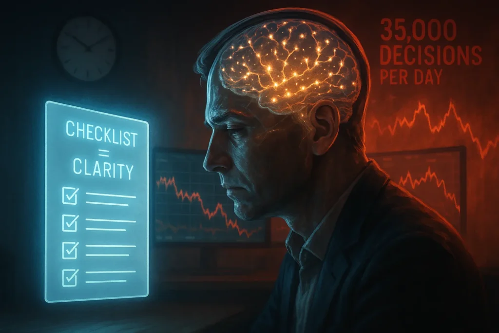 Visual representation of decision fatigue in trading showing brain overload and how checklists reduce cognitive burden for day traders