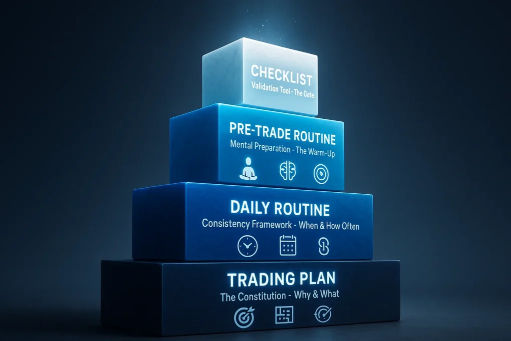 Infographic showing the four-document trading framework: trading plan, daily routine, pre-trade routine, and checklist working together