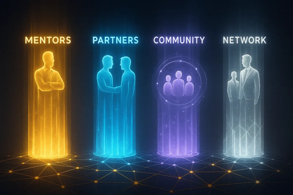 Four glowing pillars representing mentors, trading partners, community, and professional network relationships for day traders