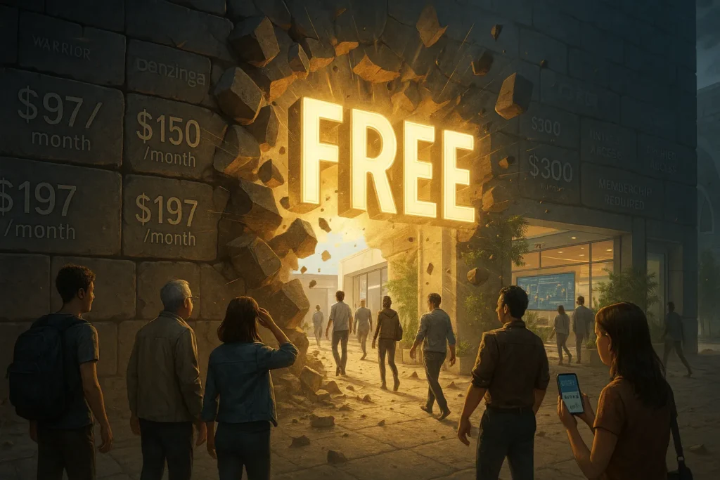 Dramatic visualization of cost barriers shattering as Trade Ideas offers free live trading room access breaking through wall of expensive competitor fees