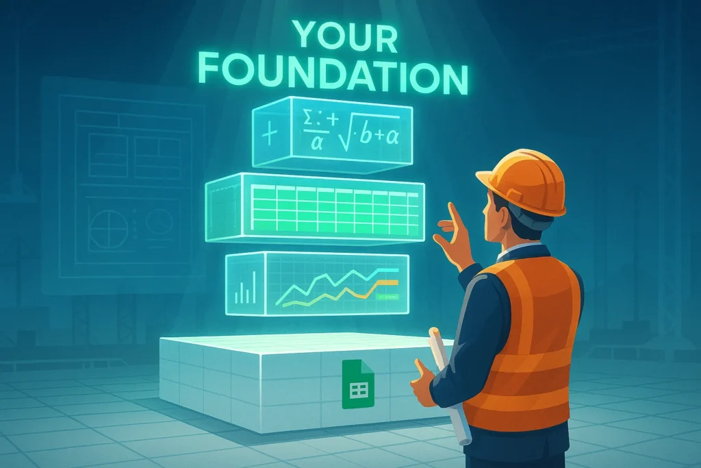 Google Sheets as foundation for custom trading dashboard with modular blocks showing spreadsheet data, formulas, and charts being assembled